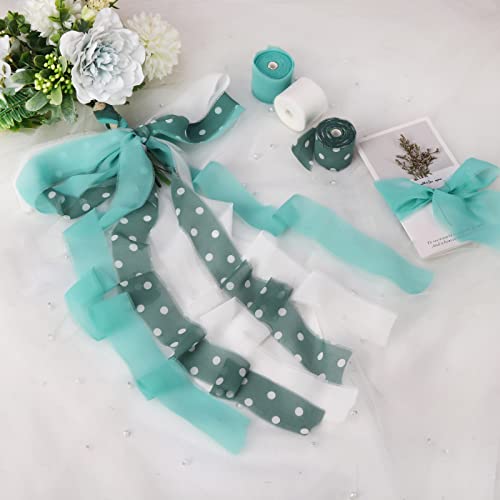 Dseason Handmade Fringe Polka Dot Silk Chiffon Ribbons 1.5" X 7 Yards, 3 Rolls 21 Yards Green & White Dots Ribbons Set For Wedding Invitations, Bridal Bouquets, Gifts Wrapping, Diy Crafts Decoration #TOP6