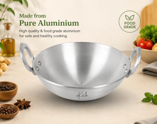 Image of Heavy Gauge Pure Aluminium Kadhai 21 cm, 1.5 Litre, 500g, Deep Frying Wok with Strong Double Handles, Fast & Even Heating, Lightweight Gas Stove Cooking Kadai for Everyday Kitchen Use