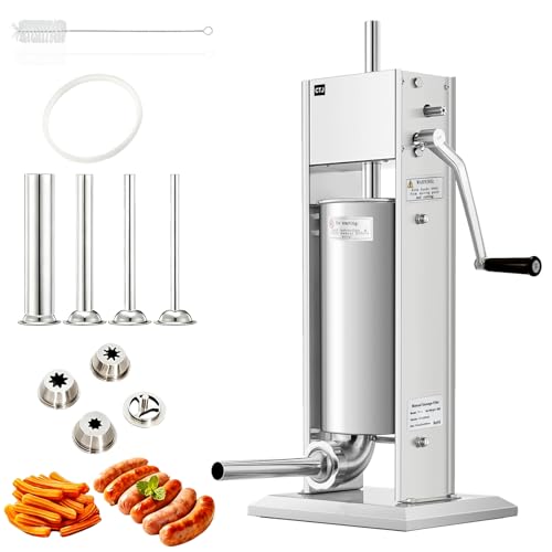 CTJ 11Lb/5L Sausage Stuffers Stainless Steel Vertical Sausage Maker Two Speed Manual Sausage Stuffer and Churro Maker Machine with 4 Stuffing Tubes & Nozzle