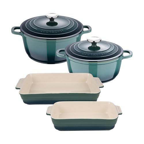 Juego de 2 Cacerolas Ø20Ø24cm con tapas en aluminio fundido + 2 Fuentes de horno rectangulares en gres color Verde EXCALIBUR Bergner