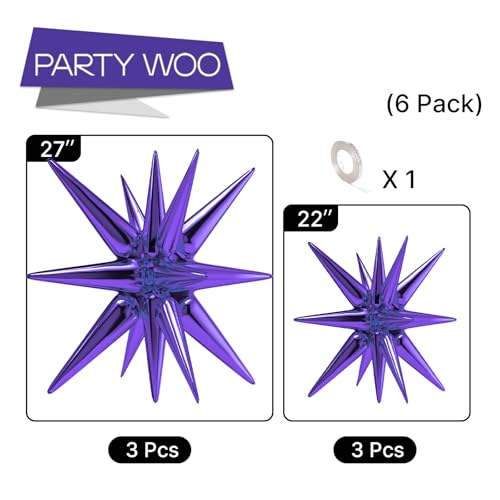 Image of PartyWoo Purple Star Spike Balloons 6pcs Explosion Foil Mylar Balloons | 27 22 Inch for Birthday Bachelorette Anniversary Engagement Butterfly Baby Shower Gender Reveal Party Decorations