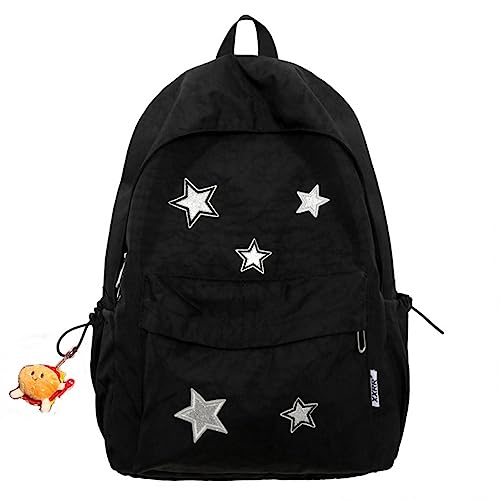 Kawaii Backpack with Cute Accessories, Star Patterns, and Durable Nylon Material (Black 1)