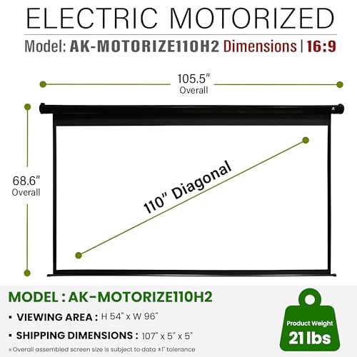 Image of Akia Screens 110 inch Motorized Projector Screen 16:9 - 8K /4K HD Electric Drop Down Screen with Remote, Ceiling or Wall Mount - AK-MOTORIZE110H2