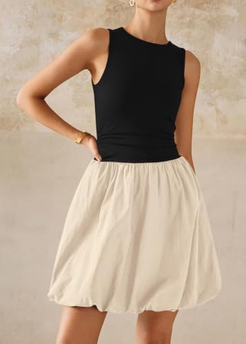 Image of KIRUNDO Summer Dresses for Women 2026 Cute Mini Sleeveless Bubble Dress | Stretchy Ruched Front Cinched Waist, Woven Balloon Skirt, Crewneck Tank Sundress With Pockets, Casual Party Vacation Outfits