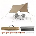 GEEZY Camping Canopy Tarp Shelter with Poles & Carry Bag, 3x3m - Waterproof Sun Shade Awning for Tent & Camper Van - 1000mm 190T Polyester Portable Brown Rain Cover Set for Garden, Beach or Hammock