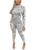 Printed Two Piece Outfits for Women, Long Sleeve Tummy Control Crop Top & Long Pants, Fashion Tracks