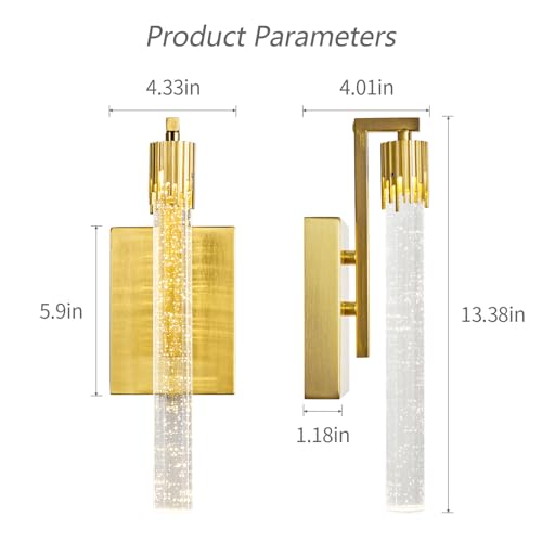 Image of Gold LED Wall Sconce Set of Two with Bubble Crystal Stick Wall Light Modern Bathroom Vanity Light Fixture for Bedroom Bedside Hallway