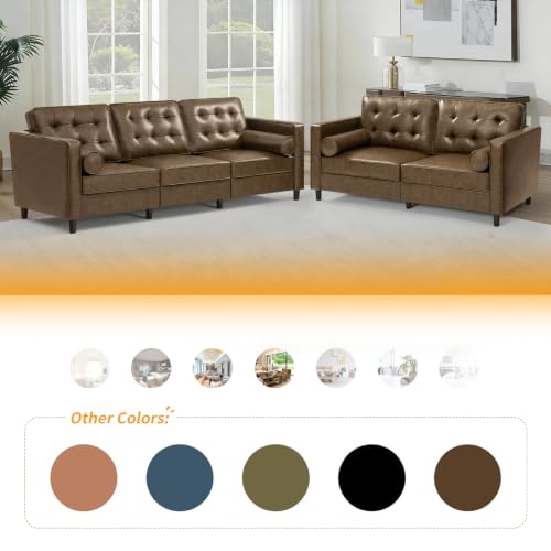 Image of 67 inch Premium Faux Leather 2-Seater Sofa with 2 Bolster Pillows and Tufted Backrest, Mid-Century Modern Loveseat Sofa, Luxury Couch for Living Room, Bedroom, Office, Coffee Brown