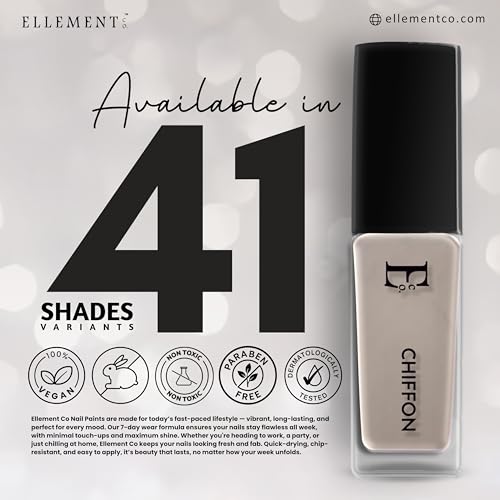 Image of Ellement Co Chiffon Nude Beige Nail Paint 10 ML | High Gloss Salon Shine Nail Colour | Quick Dry, Long Lasting & Chip Resistant Formula | Smooth Streak-Free Application | Vegan, Non-Toxic, Paraben Free & Dermatologically Tested Nail Polish