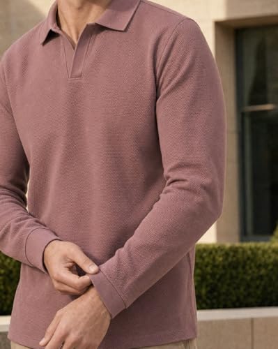 Image of Nobero Popcorn Textured Full Sleeve Polo T-Shirt for Men | Regular Fit
