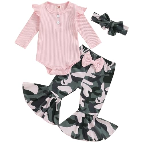 Image of Mubineo Baby Girl Clothes Romper Pant Outfits Long Sleeve Bodysuit Tops Fashion Newborn Floral Bell Bottom Pant Outfit