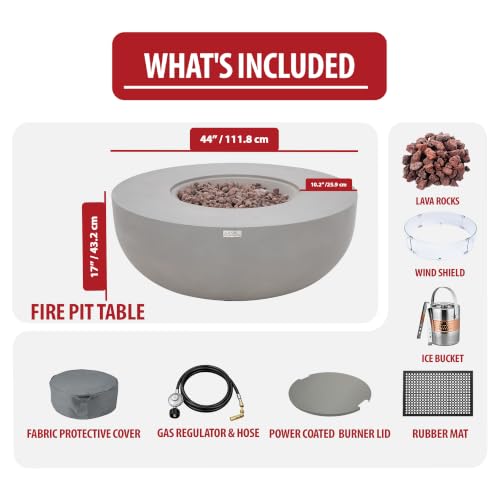 Image of AMS Creations | Eclipse 44 inch Bundle Round Cast Concrete Natural Gas Fire Pit Bowl Table | Light Gray | Smooth Texture Surface | Electronic Ignition | Outdoor Patio Heater Outside Backyard Fireplace