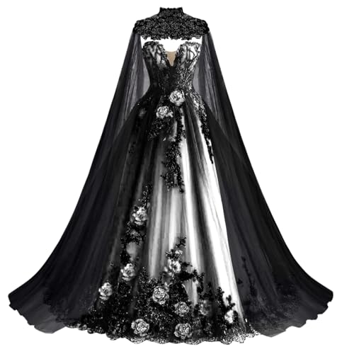 Mauuwy Gothic Wedding Dress White Bridal Gowns with Appliques Sweetheart Flower Vestido de Novia Beaded Bride Dresses with Cape Size 18 Plus