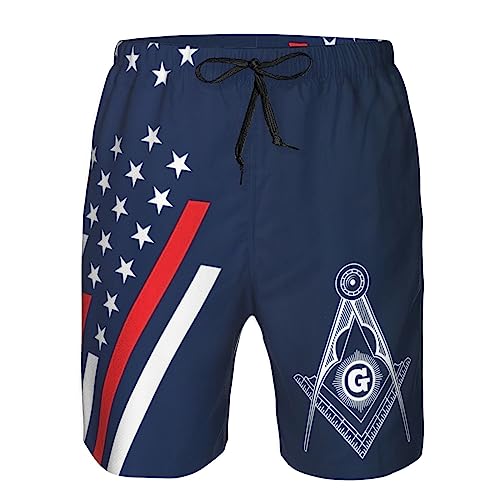 Square and Compasses Masonic Men's Beach Shorts Swim Trunks with Pockets Sports Shorts L