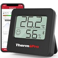 ThermoPro TP357B 80m Bluetooth Hygrometer Innen Thermometer für Innenräume mit APP Mini Luftfeuchtigkeitsmesser mit Smiley-Indikator Datengrafik für Büro, Weinkeller, Gewächshaus Schwarz