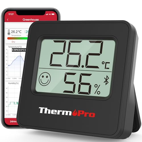 ThermoPro TP357B 80m Bluetooth Hygrometer Innen Thermometer für Innenräume mit APP Mini Luftfeuchtigkeitsmesser mit Smiley-Indikator Datengrafik...