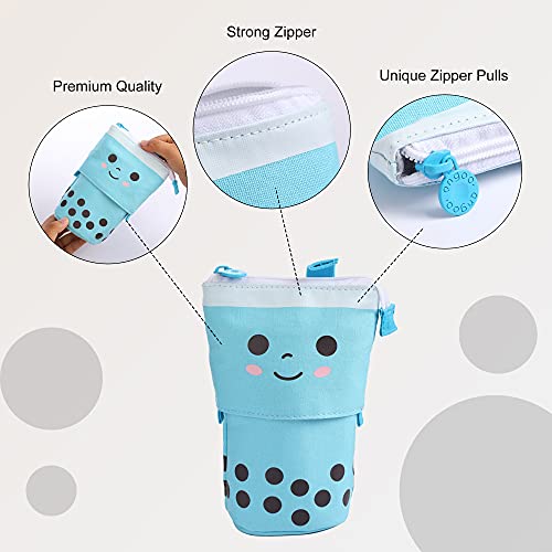 Image of FINEMOE Polyester Standing Case Cute Pencil Pouch For Girls&Boys-Korean Boba Pop Up Stationery Makeup Cosmetic Organizer Box,Pen Pencil Pouches For Stationary Boys Kids Women School Students(Blue)
