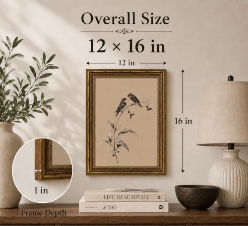 Image of Gold Framed 3D Textured Wall Art, Vintage Sketch Birds on Branch Canvas Prints, Minimalist Love Bird Pictures Decor, Neutral Botanical Birds Gallery Artwork for Living Room Bedroom Bathroom 12x16inch
