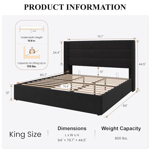 SHA CERLIN King Size Lift Up Storage Bed/Velvet Upholstered/Modern Wingback Headboard/Upholstered Platform Bed Frame/Hydraulic Storage/No Box Spring Needed/Black