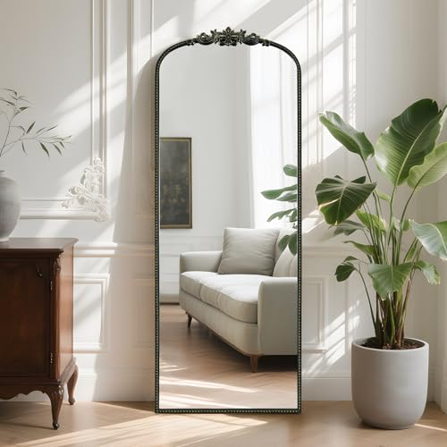 Image of WallBeyond Arched Full Length Mirror Wall Mounted, 21x56 Inch Black Antique Mirror, Vintage Metal Frame Full Body Mirro for Bedroom, Living Room, Hanging or Leaning