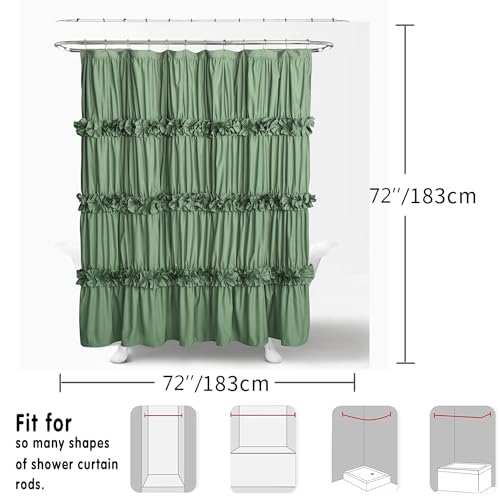 Homechoice Decor Light Green Ruffle Shower Curtain, Vintage Handcrafted Bow Tie Bath Curtain for Master Bathroom, Ruched Microfiber Bathroom Curtain with 12 Buttonholes, 72" W x 72" H (LQ-10)