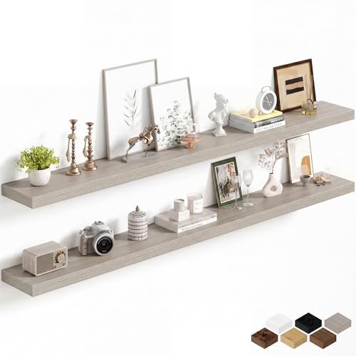 Image of Fun Memories 72Inch Long Floating Shelves, 8 Inch Deep Shelves for Bedroom|Living Room, Wall Mounted Wood Hanging Shelf with Invisible Brackets for Fireplace Mantel Home Storage Decor, Grey - 2 Pack