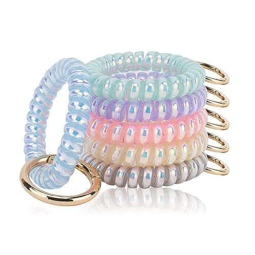 QIUTIMIY 6PCS Wristlet Keychain(Dazzle) Colorful Spiral Coil Hair Tie for Women Sauna Accessaries Wrist Coil Key Ring Key Holder