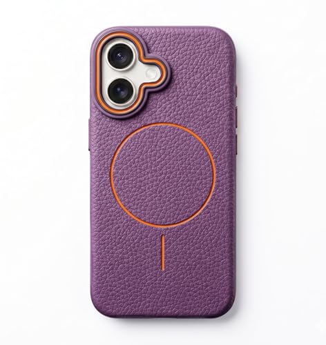 Image of amazon basics Luxury MagSafe Compatible Leather Texture Back Cover for iPhone 16 | Raised Camera Protection | Slim Fit Shockproof Case with Metallic Accents (Purple)
