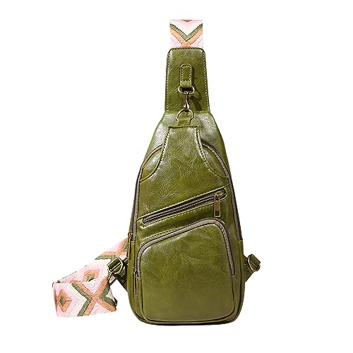 Poche poitrine avec sangle tissée ethnique et grand volume en PU vert
