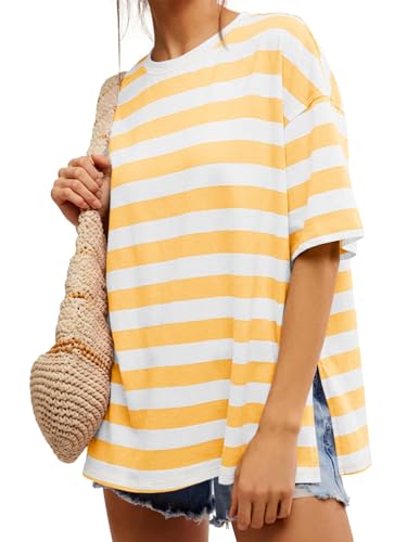 Image of Tankaneo Womens Oversized Tshirts Summer Casual Short Sleeve Crew Neck T Shirt Loose Fit Side Slit Tee Tops