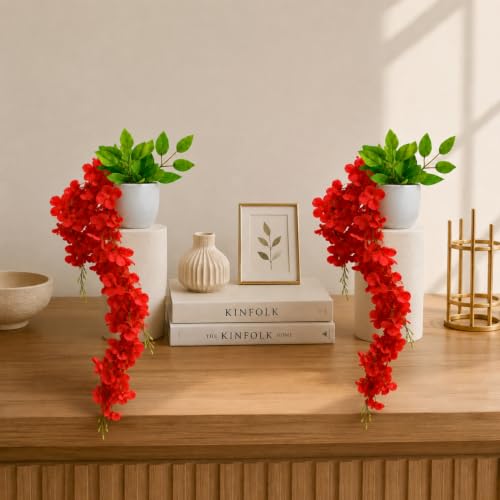 Image of fancymart Artificial Flower Red Wisteria Hanging Plant with White Pot, 60 cm Height, Pack of 2, Realistic Floral Vine for Home, Office, Living Room & Wall Decor