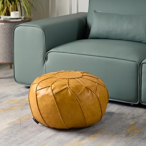 Louis Donné Unstuffed Pouf Cover, Round Foot Stool Ottoman for Foot Rest, Storage Bean Bag Floor Chair, Waterproof Faux Leather Pouffe, Footstool for Living Room, Kids Room or Bedroom (Yello)