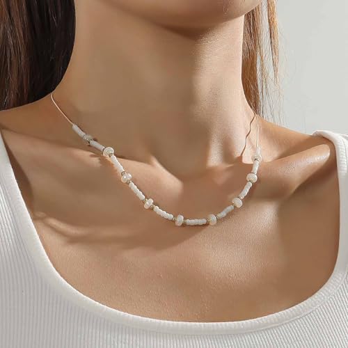 Vacaonio Boho Colar gargantilha de contas de arroz branco colar de couro branco colar com pingente d