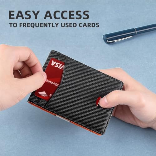 Credit Card Holders for Mens Minimalism Leather Card Holder for Men Slim Card Casecard Wallet RFID Blocking Anti Theft Wallet for Men Compact Wallet Bank Card Holder(Black Orange Fiber)4