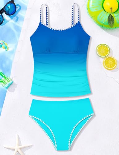 Image of Girls Swimsuit Solid Color Tankini Contrast Trim Swimwear 2 Piece Bathing Suit Padded Swimsuits for Teens 9-16Y