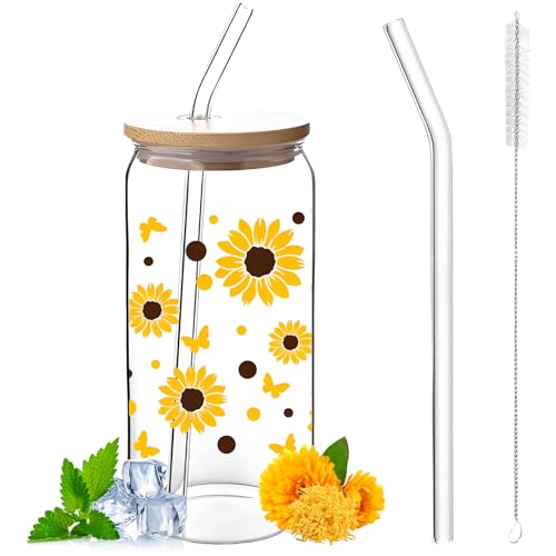 YAOYYG Vasos con Tapa y Pajita, Elegante Vaso de Cristal de 16 oz con Tapa y Pajita, Una Taza Con Un Patrón de Crisantemo, Aptos para Cócteles, Helados, Jugos o Café (Crisantemo)