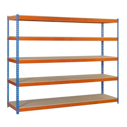Simon Rack Estanteria Industrial, 2000x1200x600 mm, 400 kg de Punto Flexión, 5 Estantes Madera, Estanterias Almacenaje, Estanterias Metalicas, Azul/Naranja/Madera - SimonTaller