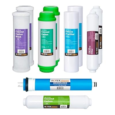 Rotek Reverse Osmosis Alkaline pH+ Water Filter Set | 10 Replacement Filters with 100 GDP Membrane | 1 Year Supply | Under Sink RO Water Filter | PP, GAC, CTO, ROM, PC, ALK | Universal 10 Inch Size
