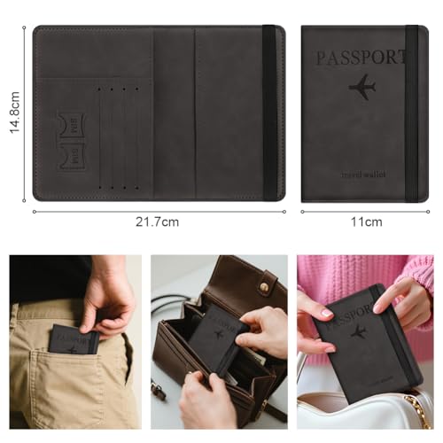 Image of Passport Holder Cover, PU Leather Passport Cover with RFID Blocking Travel Wallet, Portable Universal Travel Wallet Case Organiser for Money, Boarding Passes, Credit Cards, Black, 14.8 x 11 cm