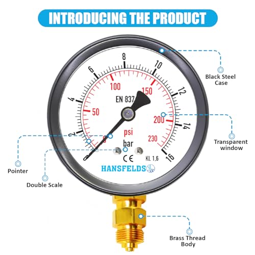 Hansfelds Manometer 0–16 bar/psi, 63 mm Zifferblatt, Messing G1/4 BSP Unteranschluss, Genauigkeitsklasse 1.6, inkl. 2 Reduzierstücke auf 3/8 und 1/2.