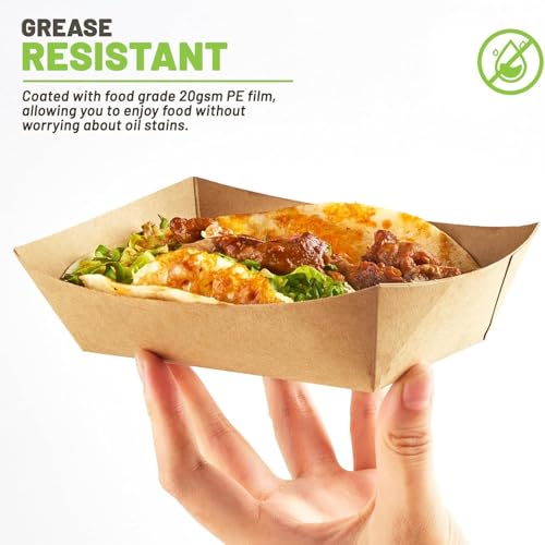 100Pcs Food Boats, 2 LB Kraft Food Tray, Disposable Brown Paperboard Serving Basket, Grease Resistant Fast Food Snack Holder Container for Party Nachos, Snacks, Hot Dogs, Tacos, Fries by Tngbolehea - Image 4