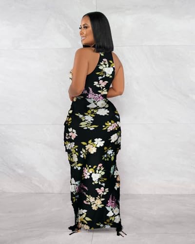 Image of 2 Piece Outfits for Women Sexy Halter Neck Sleeveless Crop Tops Ruched Bodycon Dresses Jumpsuits Fringe Skirt Sets