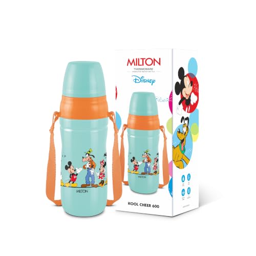 Image of MILTON Disney Kool Cheer 600 Plastic Insulated Thermo Water Bottle with Straw for School Kids I Food Grade, Leak Proof Lid with Hands free sipper, Easy to Carry Loop, Picnic,BPA Free,520 ml,Aqua Green