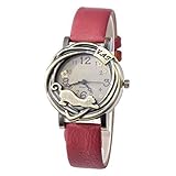 Band-Material: Kunstleder Damen Katze & Blumen Quartz Analog Uhr Armbanduhr Bronze Gehäuse Rot