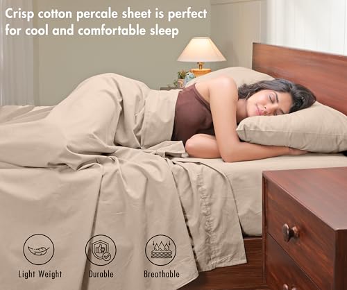 Image of RUVANTI 100% Cotton Percale Sheets Full - Crisp Cooling Summer Bed Sheets for Hot Sleepers, Deep Pocket 14 inch, Soft Peach Finish, Breathable & Durable Hotel-Style 4 Piece Set, Irish Cream