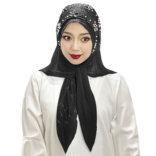 Women Pearl Tassel Hijab Islamic Malay Muslim Hijab Polyester Solid Color Headscarf One-piece Muslim Arab Head Scarf3