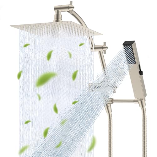 Hibbent All Metal CUPC Certified 8'' Rainfall Shower Head, Dual Shower Head Combo, High Pressure Handheld 4 Sprays Shower Wand, 16'' Adjustable Extension Arm, 71'' Hose, Shower Holder, Brush