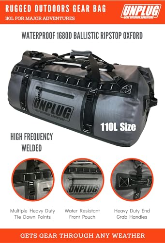 Image of UNPLUG Ultimate Adventure | 1680D Heavy Duty Waterproof Bag | Large Travel Bag which can be Used for Camping, Motorcycling, Boating, or Hunting|110L Storm Grey