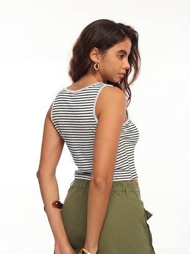 HiMONE Women’s Summer Striped Crop Tank Top Casual Sleeveless Crew Neck Fitted Stretch Knit Cropped Shirt XL — view 4