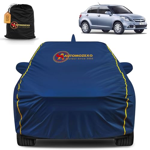 Image of Maruti Suzuki Dzire 100% Waterproof Car Cover (Midnight Blue) 6LYR HDPE 200gsm Strong Fabric for All Weather Protection, Mirror & Antenna Pocket, Cotton Layer, Adjustable Elastic Straps